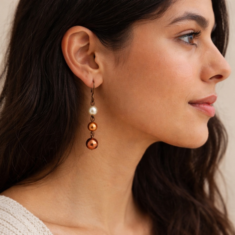 Elegant Pearl Drop Earrings Cream Orange Bronze Beaded Dangle